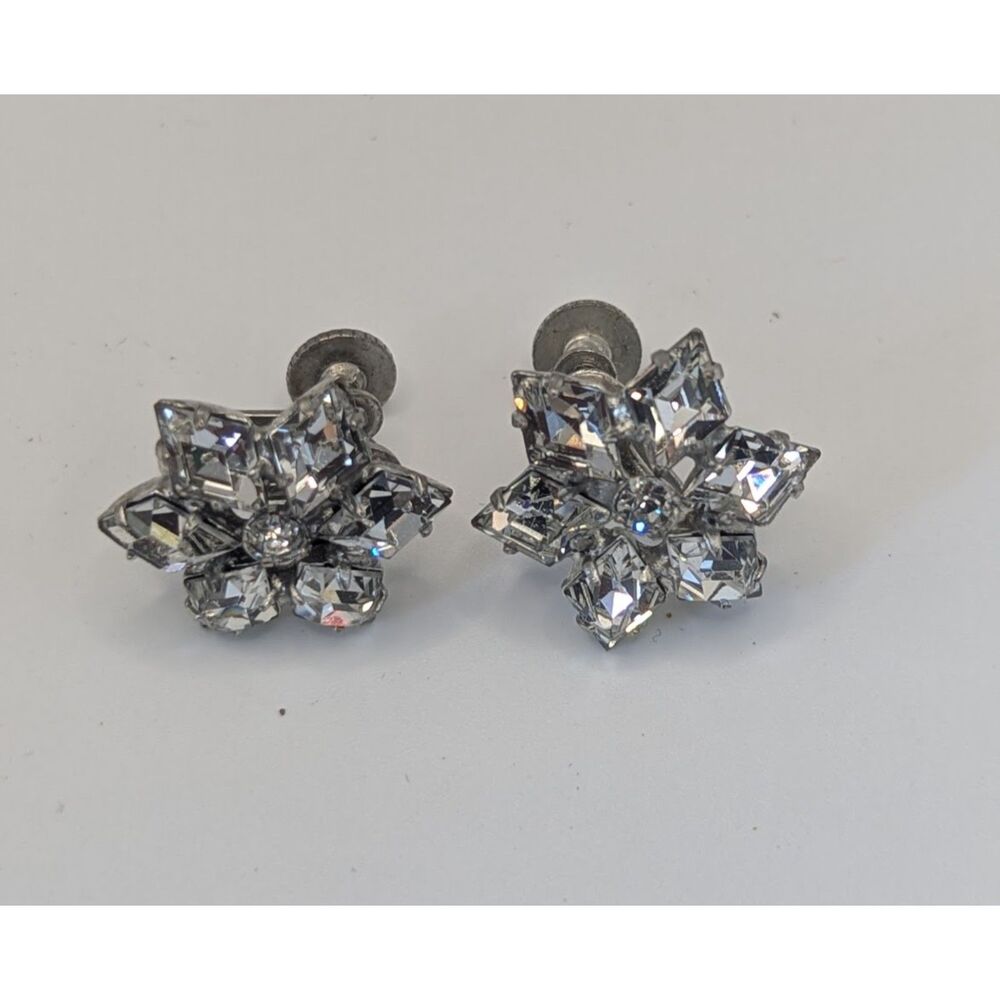 Vtg Mid Century Clear Rhinestone Snowflake Starburst Screw Back Earrings Retro
